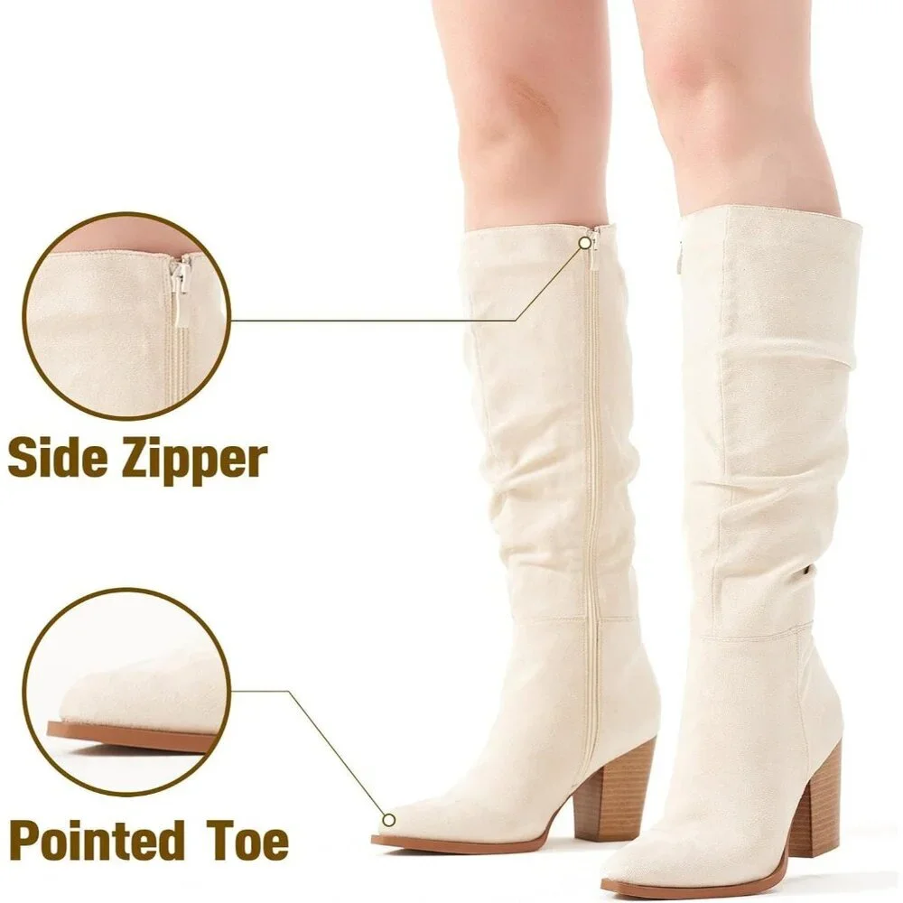 Women's Beige Pointed Toe Faux Suede Slouch Chunky Heel Knee High Boots